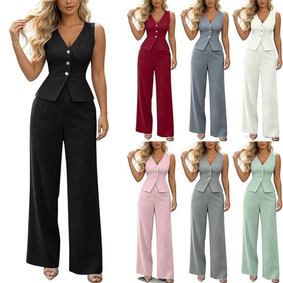 SROBPTY Set for Womens Solid Summer V-Neck Sleeveless Button Tops Elastic Waist Long Pants Outfits