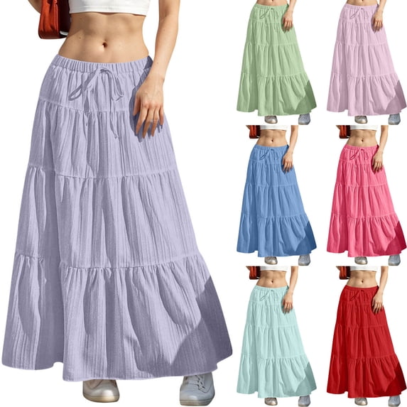 SROBPTY Skirts for Women Summer Solid Drawstring Elastic Waist Long Pleated for Daily Wear