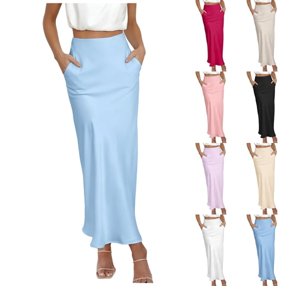 SROBPTY Skirts for Women Summer Solid Elastic Waist Midi with Pockets for Daily Wear