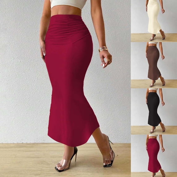 SROBPTY Women Summer Solid High Waist Midi Skirts for Everyday Wear