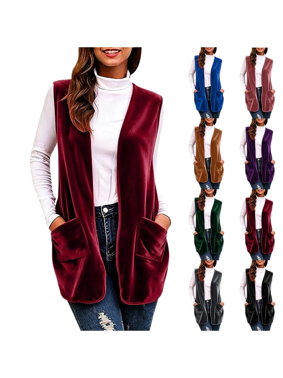 Sleeveless Duster Waistcoat Fall Winter Women Open Front Solid Outerwear with Pocket