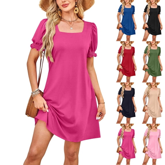 SROBPTY Summer Dresses for Women Solid Straight Neck Short Sleeve Ruffle