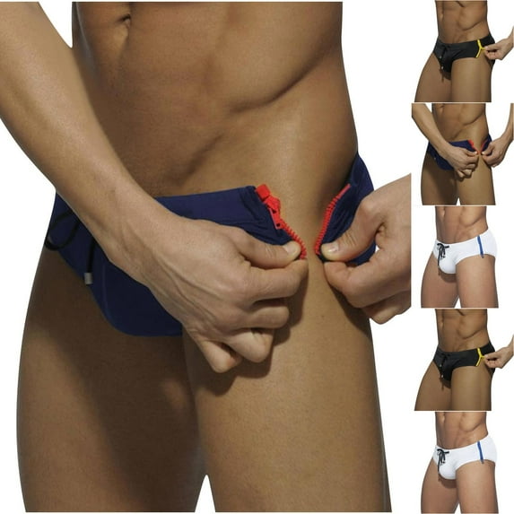 SROBPTY Swimsuit for Men, Men Swim Shorts, Men's Solid Color Low Waist Zipper Drawstring Swim Trunks Underwear White,L