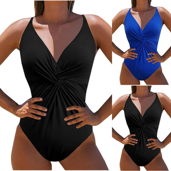 SROBPTY Swimsuit for Women, Women's Bathing Suit, Women's Solid Color V Neck Slim Bikini Swimsuit Blue,M
