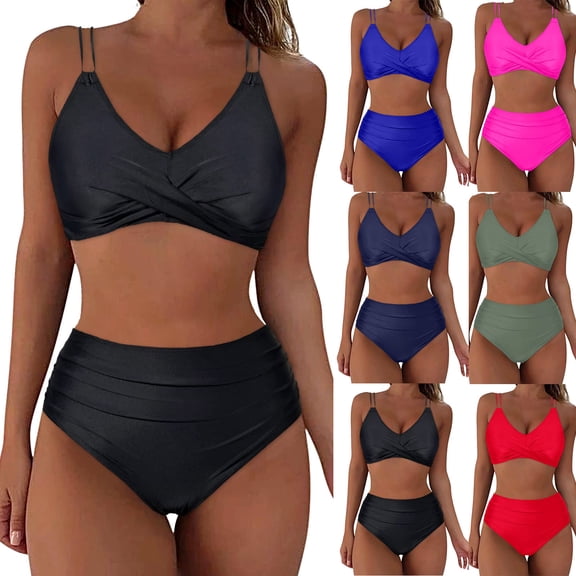 SROBPTY Swimsuit for Women, Women's Bikini Swimsuits, Women's Solid Color Top and Bottom 2 Piece Bikini Swimsuit Set with Padded Blue,L