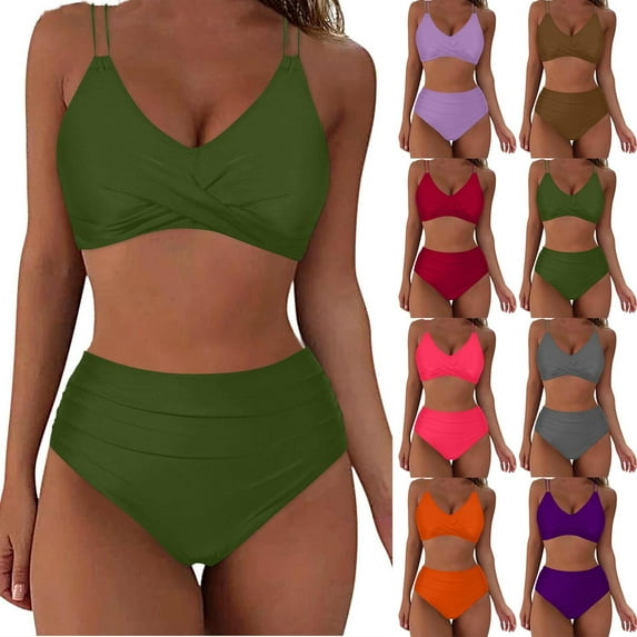 SROBPTY Swimsuit for Women, Women's Bikini Swimsuits, Women's Solid Color Top and Bottom 2 Piece Bikini Swimsuit Set with Padded Purple,L