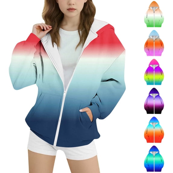 SROBPTY Teen Girl Jackets Print Long Sleeve Zip up Hooded with Pockets Fleece Outerwear Coat for 4-15Y