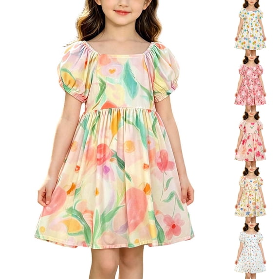 SROBPTY Teen Girls Dresses Print Crew Neck Short Sleeve Floral Mid-Length Sundress for 1-11Y
