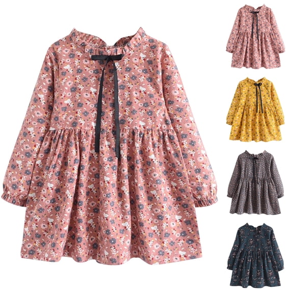 SROBPTY Teen Girls Dresses Print Long Sleeve Crew Neck Floral Drawstring Mid-Length Sundress for 2-14Y