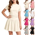 thumbnail image 1 of SROBPTY Teen Girls Dresses Solid Crew Neck Short Sleeve Pleated A Line Mid-Length Sundress for 5-15Y, 1 of 4