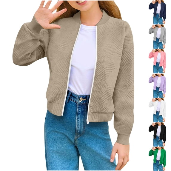 SROBPTY Teen Girls Jacket Solid Collared Zip Up Long Sleeve with Pockets