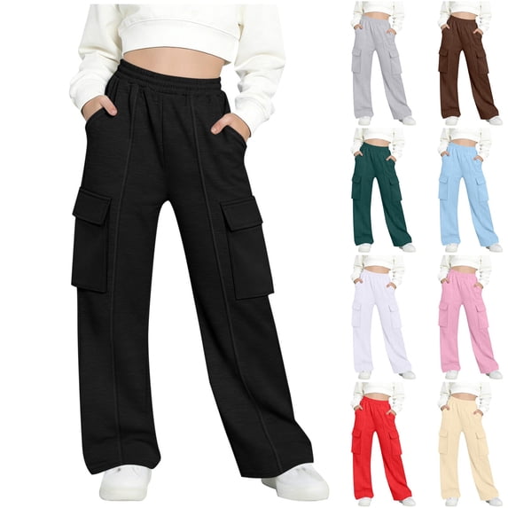 SROBPTY Teen Girls Pants Solid Drawstring with Pockets Straight Trousers for 5-15 Years