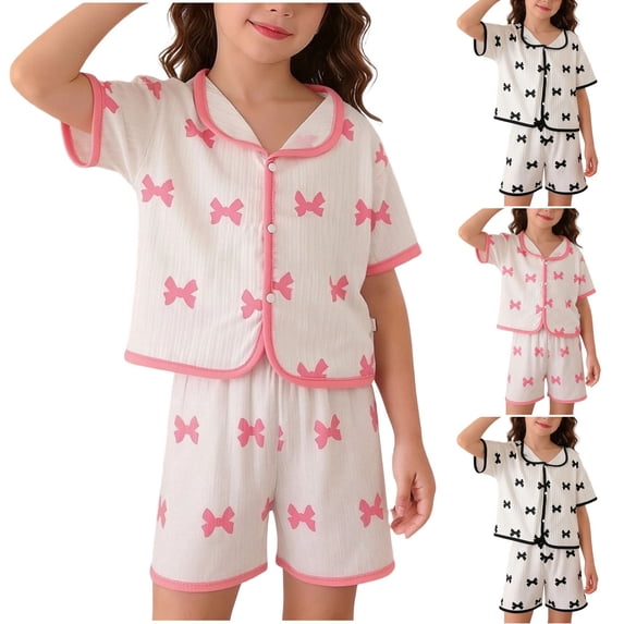 SROBPTY Summer Set for Kids Girls Print Short Sleeve Top Collared and Pants