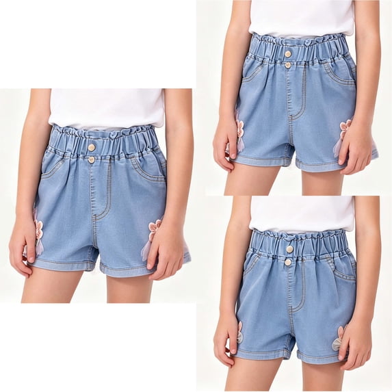 SROBPTY Teen Girls Summer Shorts Solid Elastic Waist Denim Pants for 2-13Y
