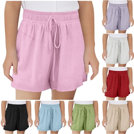SROBPTY Teen Girls Summer Shorts Solid Elastic Waist with Pockets Loose Pants for 3-13Y