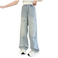 thumbnail image 1 of SROBPTY Teens Girls Fall Winter Pants Denim Straight Wide Leg with Star Print, 1 of 4