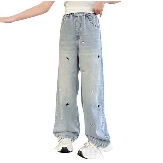 SROBPTY Teens Girls Fall Winter Pants Denim Straight Wide Leg with Star Print