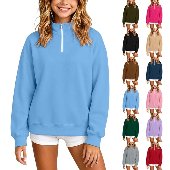 SROBPTY Teens Girls Fall Winter Sweatshirt Solid High Neck Long Sleeve Half Zipper Pullover Tops