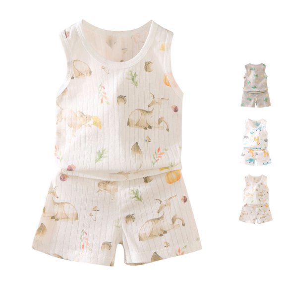 SROBPTY Toddler Boys Summer Set Print V Neck Sleeveless Top Elastic Waist Short Pant for 1-8Y