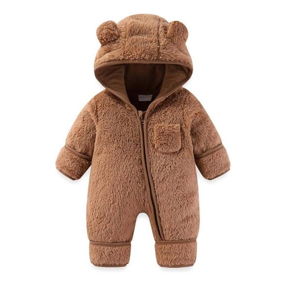 SROBPTY Toddler Fleece Jumpsuits, Newborn Fleece Snowsuit Winter Warm Hooded Romper Jumpsuit Outfits for Girls Boys Brown 0-3 Months