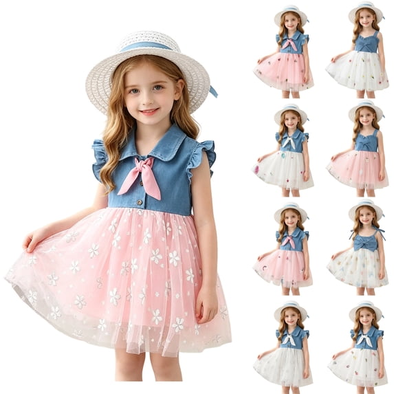 SROBPTY Toddler Girls Dresses Print Sleeveless Crew Neck with Hat Set Mid-Length Sundress for 6M-3Y
