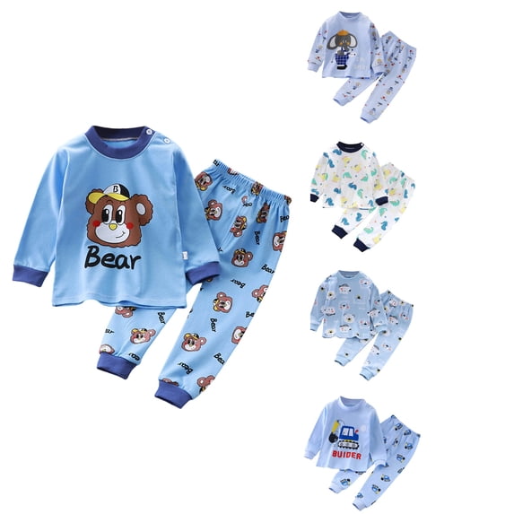 SROBPTY Toddler Outfits Sets, 2 Pieces Sets for Kids, Kids Boys and Girls Printed Round Neck Long Sleeve Top and Elastic Waist Pants Sleepwear Home 2 Piece Set Blue,7-8 Years