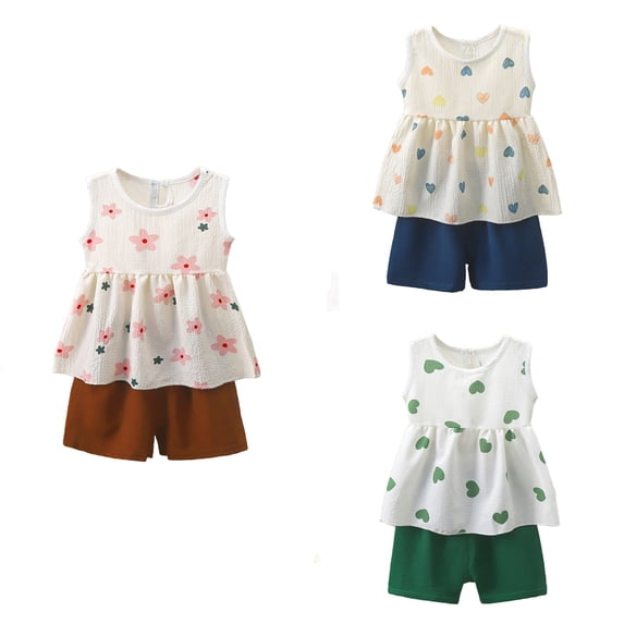 SROBPTY Toddler Outfits Sets, 2 Pieces Sets for Kids, Kids Girls Printed Round Neck Sleeveless Top and Shorts Casual 2 Piece Set Multicolor,6-7 Years