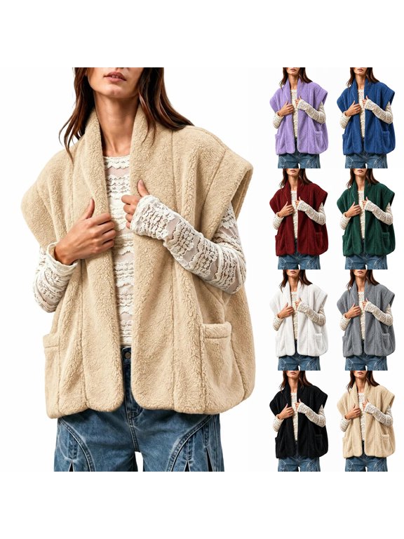 Women Fall Winter Sleeveless Duster Waistcoat Open Front Solid Outerwear with Pocket
