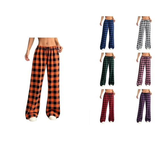SROBPTY Women Plaid Elastic Waist Drawstring Pocket Outdoor Long Pajama Pants Green, M