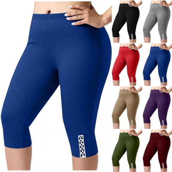 SROBPTY Women Plus Size Casual Solid Stretch Elastic Waist Capris Base Sports Running Yoga Pants Wine, L