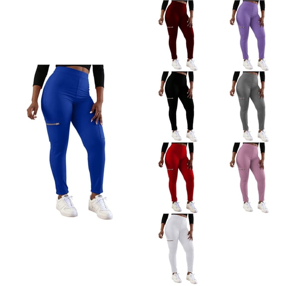 SROBPTY Women Plus Size Solid Stretch Elastic Waist Base Sports Running Yoga Pants with Zipper Pockets Blue, L