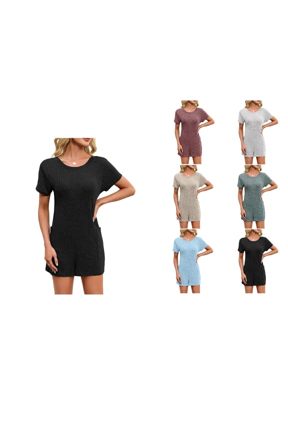 Women Solid Crew Neck Loose Pocket Short Sleeve Romper Loungewear Khaki, S
