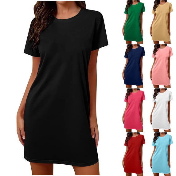 SROBPTY Women Solid Crew Neck Short Sleeve Sleepshirt Dress Loose Casual Loungewear Nightgown Pink, M