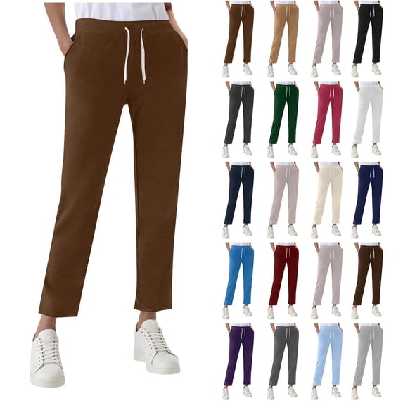 SROBPTY Women Solid Elastic Waist Drawstring Casual Daily Sweatpants Trousers with Pockets