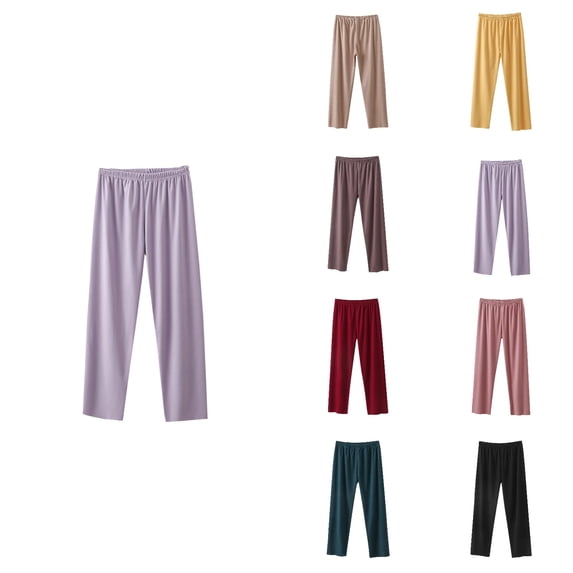 SROBPTY Women Solid Elastic Waist Warm Loose Long Pajama Pants Loungewear Bottoms Khaki, L