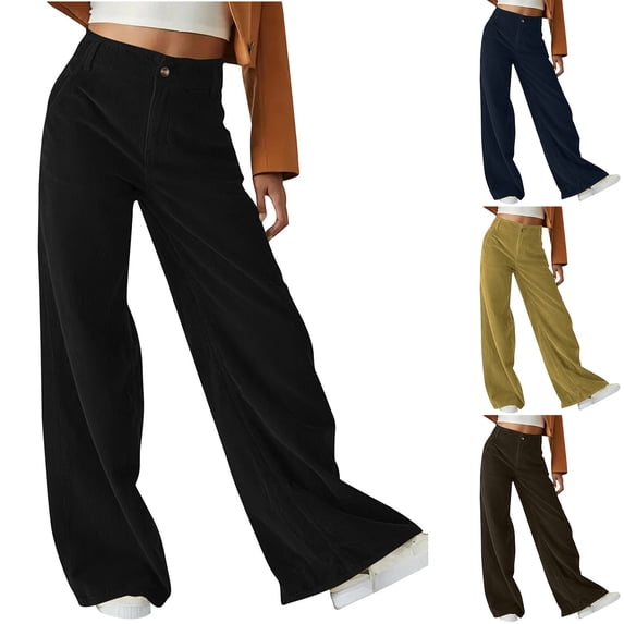 SROBPTY Women Solid High Waist Corduroy Loose Wide Leg Casual Trousers with Pockets Yellow, S
