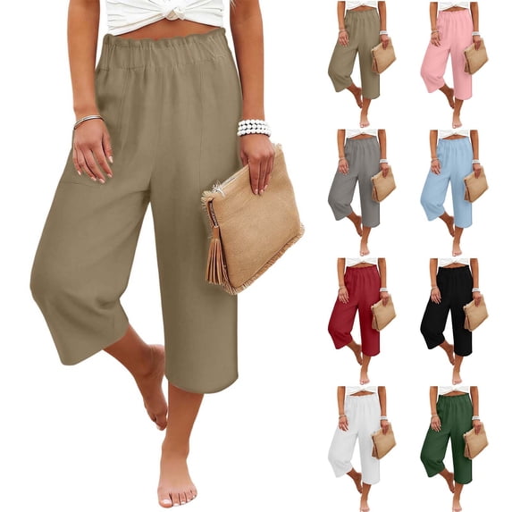 SROBPTY Women Solid Linen Elastic Waist Ruffled Capris Loose Straight Leg Summer Trousers with Pockets