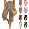 thumbnail image 1 of SROBPTY Women Solid Linen Elastic Waist Ruffled Capris Loose Straight Leg Summer Trousers with Pockets, 1 of 5