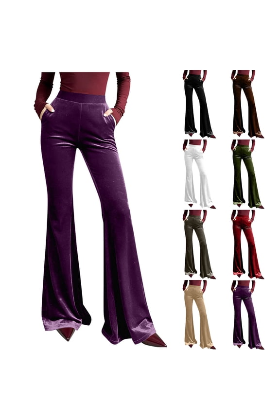 Women Solid Velvet Elastic Waist Loose Flare Leg Casual Sports Trousers with Pockets Brown, M