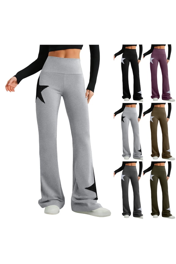 Women Star Printed High Waist Flare Leg Daily Casual Soft Stretch Sports Yoga Pants Wine, S