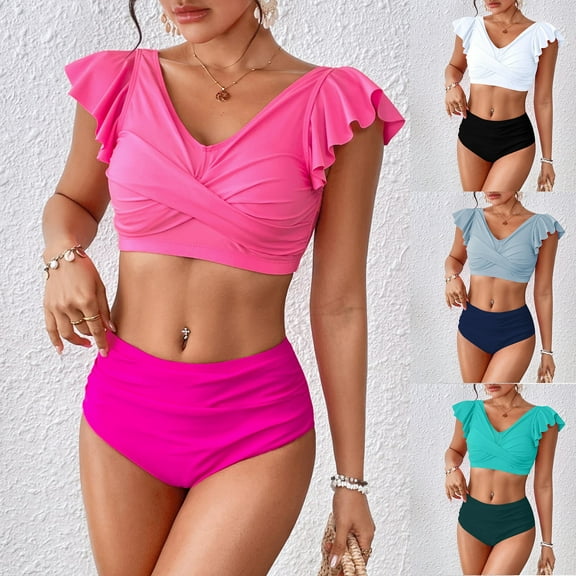 SROBPTY Women Swimsuits, 2 Piece Swimsuit for Women, Women's Conservative High Waisted Solid Ruffled Sleeve 2 Piece Split Swimsuit Set White,L