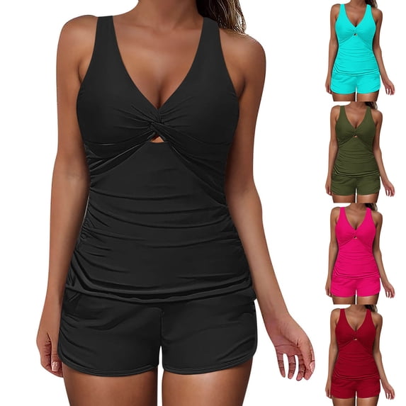 SROBPTY Women's Classic Solid Color V Neck 2 Piece Split Swimsuit Set Bathing Suit Army Green,L