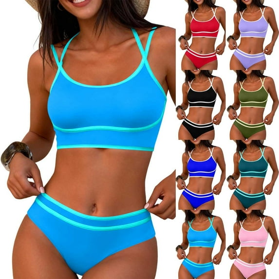 SROBPTY Women's High Waisted Solid Color 2 Piece Bikini Swimsuit Set Red,M