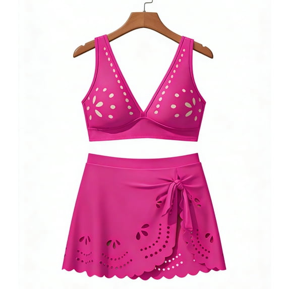 SROBPTY Women's High Waisted Tank Top and Skirt 2 Piece Hollow Out Bikini Set Hot Pink,L