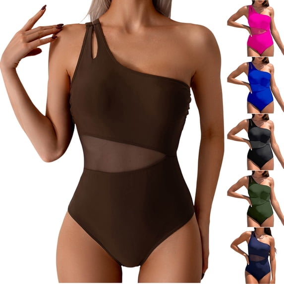 SROBPTY Women's One Shoulder Mesh Bikini Swimsuit Bathing Suit Swimwear Hot Pink,XXL