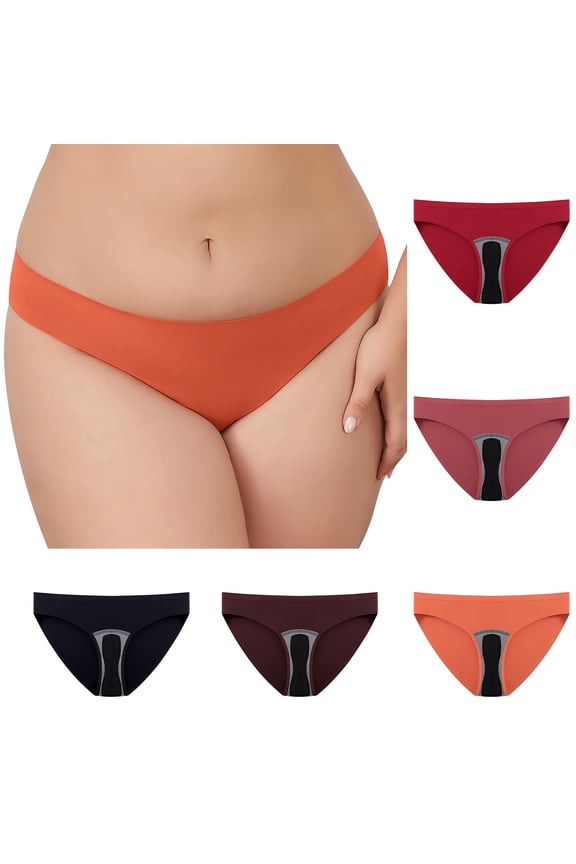 Women's Plus Panties Solid Mid Waist Period Protection Breathable Briefs