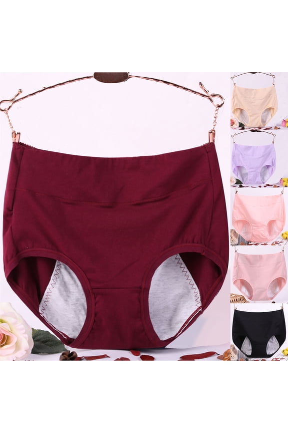 Women's Plus Panties Solid Mid Waist Period Protection Breathable Briefs