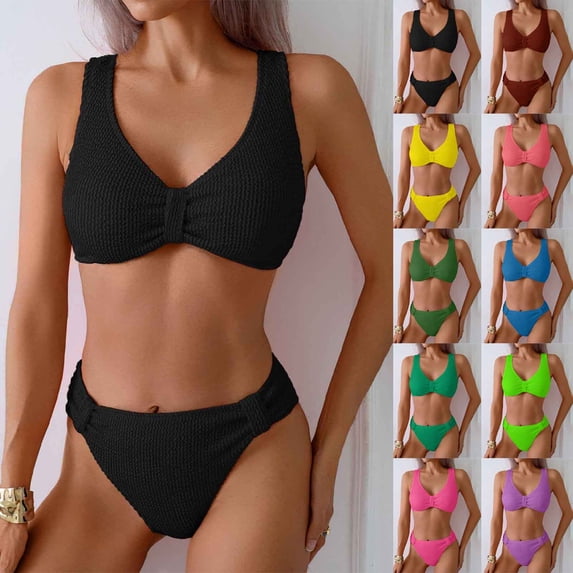 SROBPTY Women's Solid Color 2 Piece Bikini Swimsuit Set with Padded Yellow,L