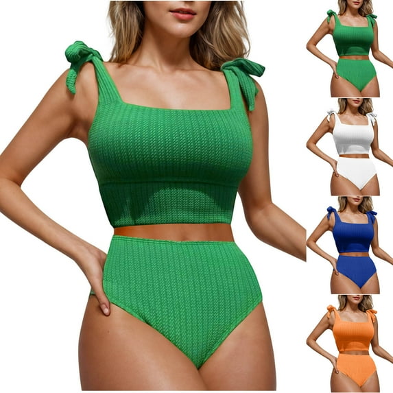 SROBPTY Women's Solid Color Backless Adjustable Strap 2 Piece Split Swimsuit Set Green,M