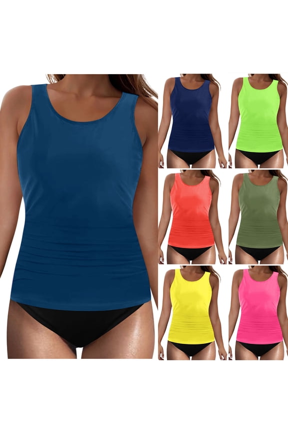 Women's Solid Color Crew Neck Bikini Top and Bottom Set with Padded Army Green,S